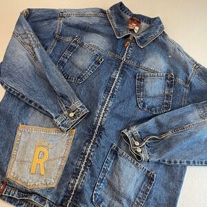 Rocawear Denim Jacket Full Zip Mens‎ XXL R Logo Pockets Trucker Style